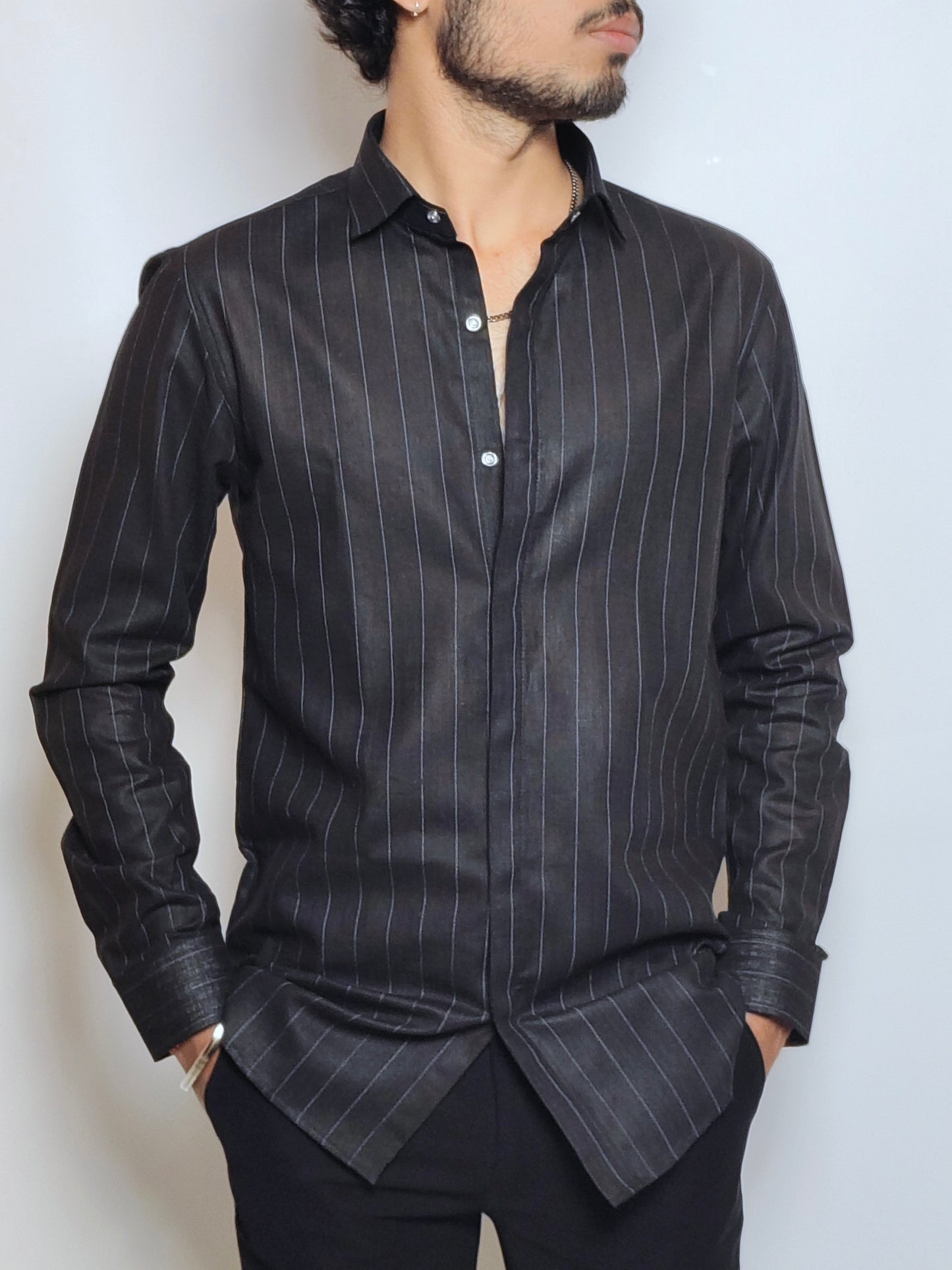 Men’s Black Vertical Stripe Cotton Shirt