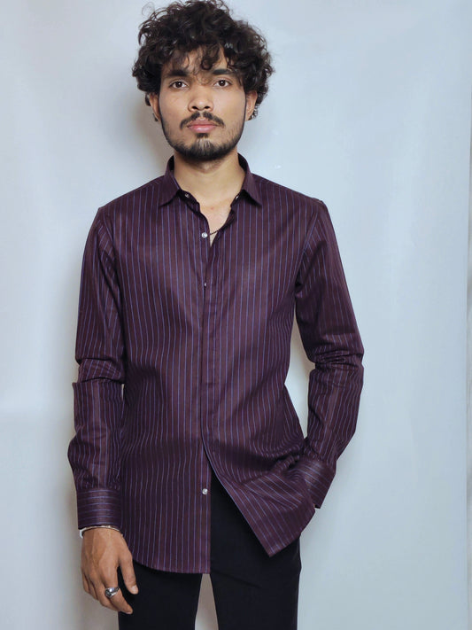Men’s Wine Vertical Stripe Cotton Shirt