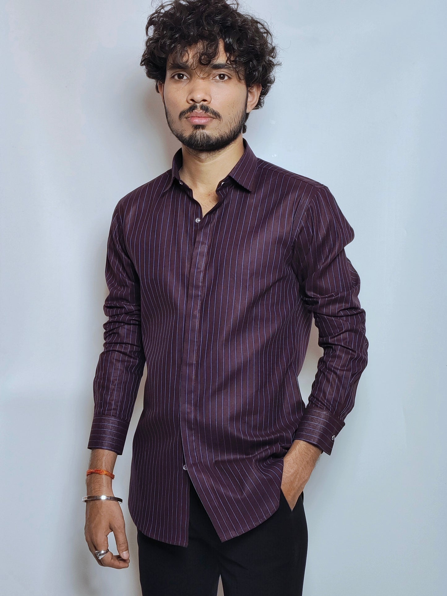 Men’s Wine Vertical Stripe Cotton Shirt