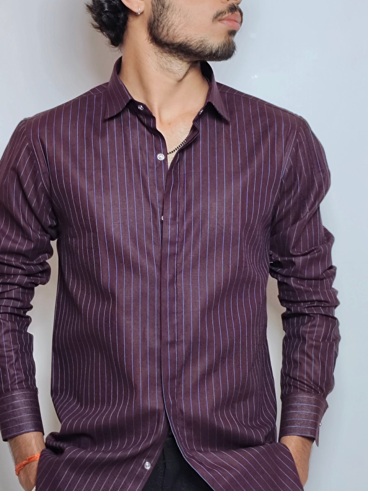 Men’s Wine Vertical Stripe Cotton Shirt